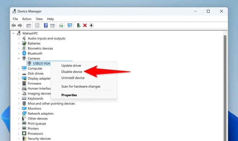 &ldquo;Disable Device&rdquo; highlighted for the camera in Device Manager.