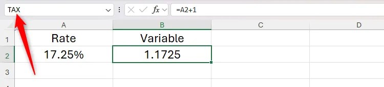 A cell in Excel is renamed TAX in the name box.