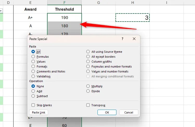 A column in Excel named Threshold is selected, and the Paste Special dialog box is launched.