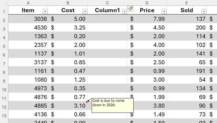 A note in Excel in the same position, despite a new column having been added to the right.