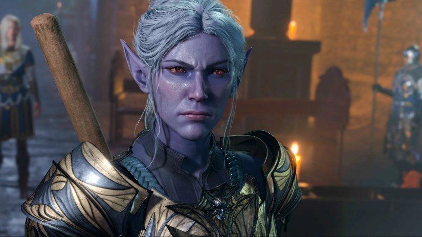 A purple elven character looking angry at the screen in Baldur&rsquo;s Gate 3.