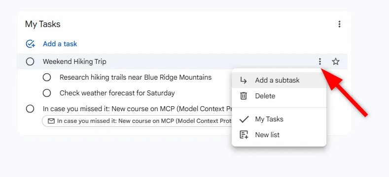 Adding Subtask in Google Tasks.