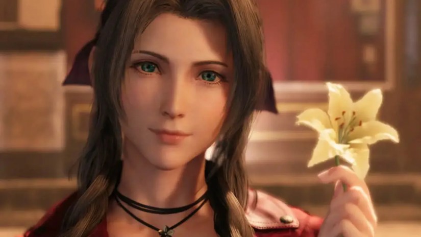 Aerith holding a flower in Final Fantasy VII.