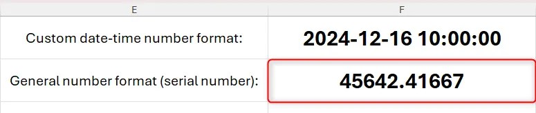 An Excel sheet containing a date-time serial number in cell F2.