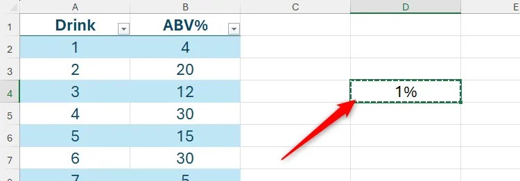 An Excel spreadsheet containing a table in columns A and B, and a cell in column B containing 1 percent.