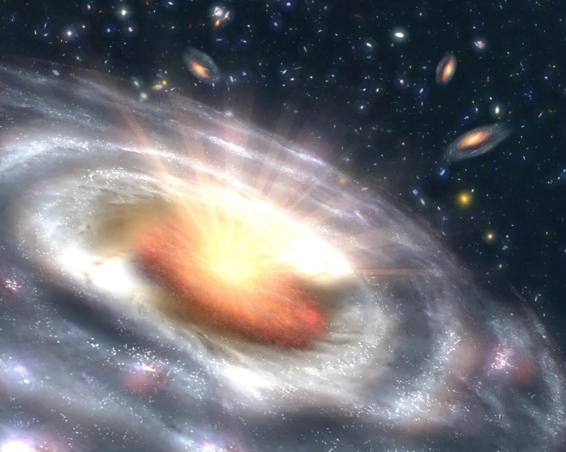 Artistic concept of a quasar seen at the center of a faraway galaxy.