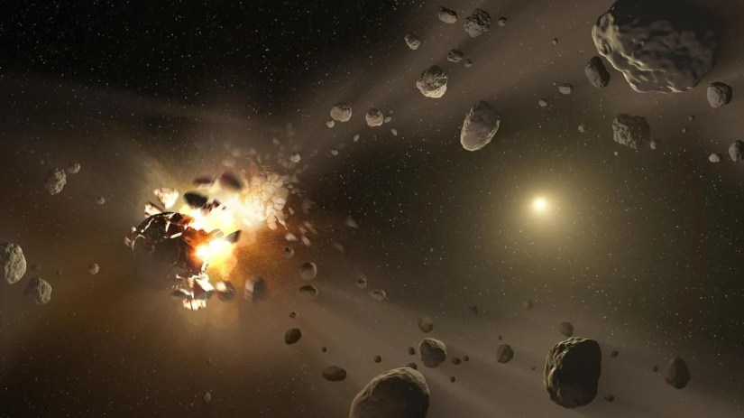 Artistic impression of catastrophic collisions between asteroids located in the belt between Mars and Jupiter.