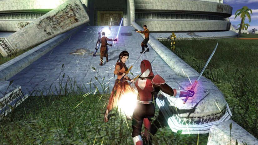 Bastilla fighting an enemy as the part fights in the background.