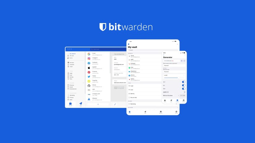 Bitwarden&rsquo;s password management interface on a desktop, iPad, and phone set on a blue background.