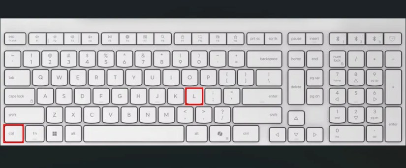 White keyboard with red boxes highlighting the Ctrl and L keys.