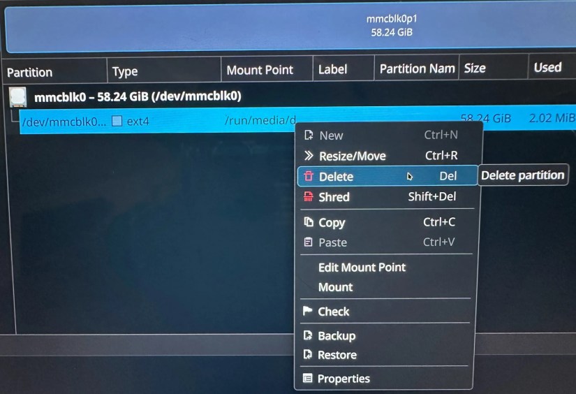 Deleting a partition in KDE.