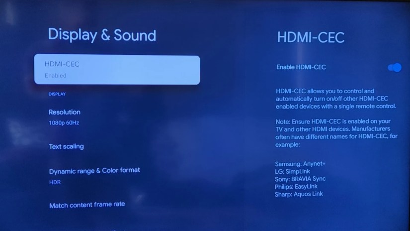 Display &amp; Sound settings in Google TV with the HDMI-CEC option highlighted.