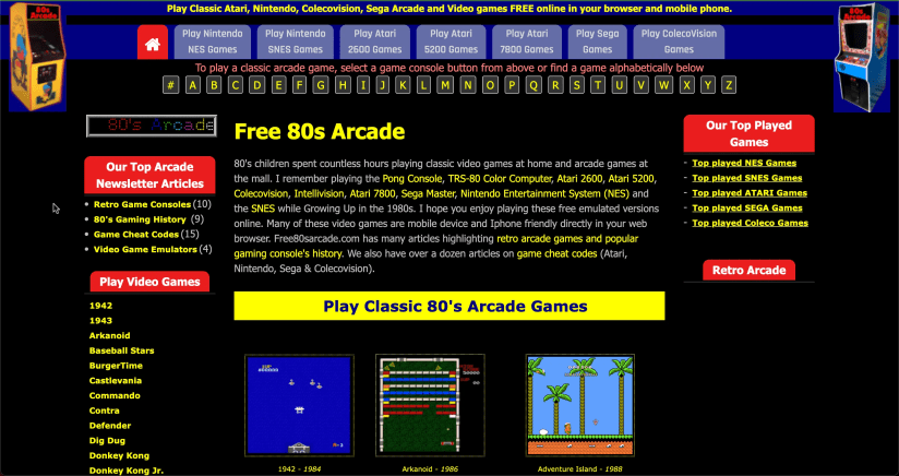 Free80sArcade website homepage.