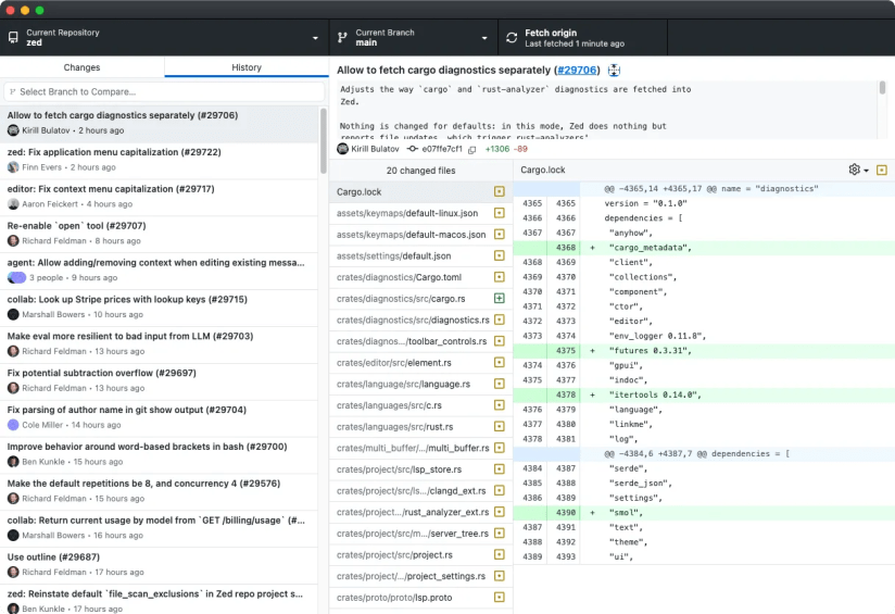 The GitHub Desktop app showing a history of commits in the left-hand panel and details of a specific commit—including message, changed files, and lines changed—alongside it.