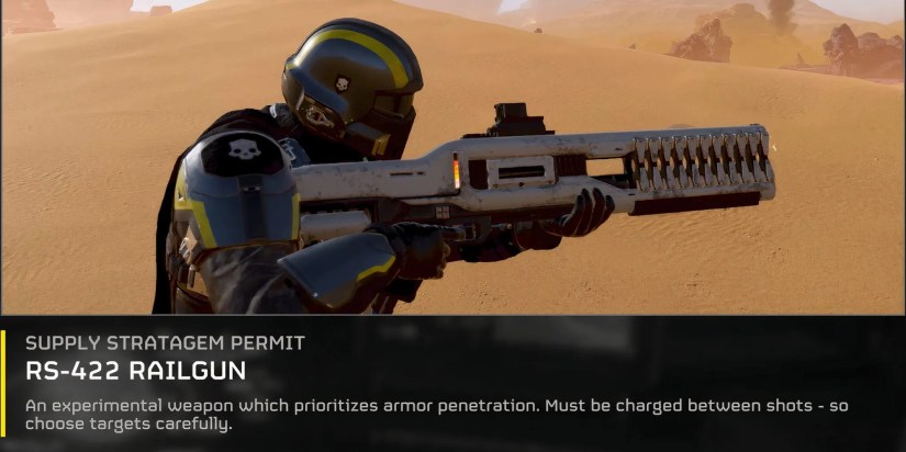 A Helldiver holding the railgun weapon in the game Helldivers 2.