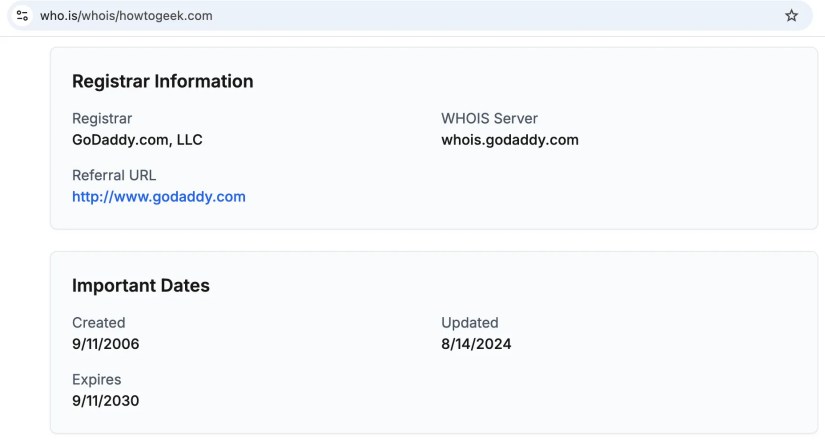 Whois lookup of howtogeek.com.