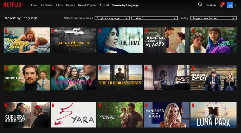 Italian language content on the Browse by Language page on Netflix.