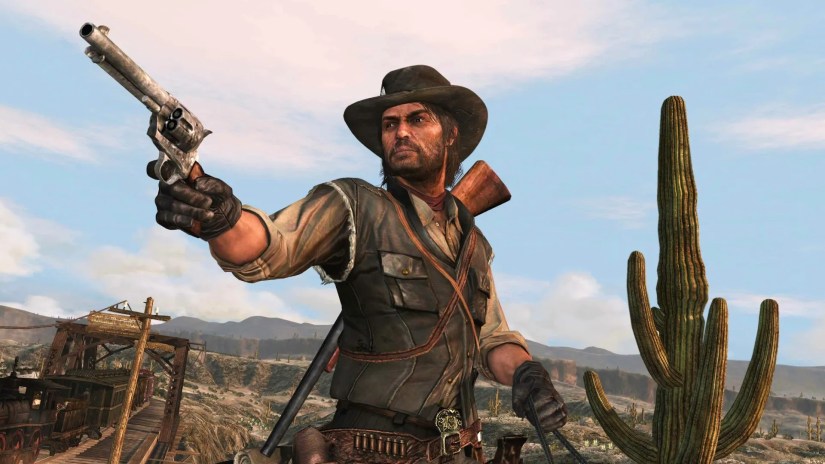 John Marston aiming his weapon to the left in Red Dead Redemption.