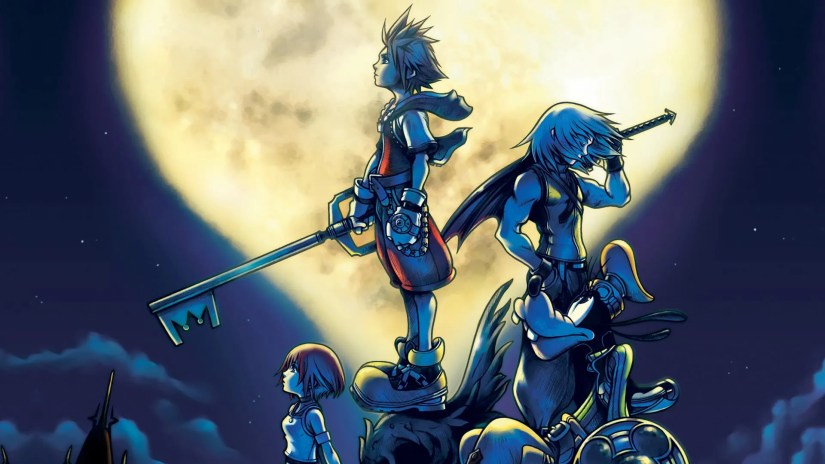Sora, Riku, Kairi, and Goofy as they appear on the cover of the original Kingdom Hearts cover art.