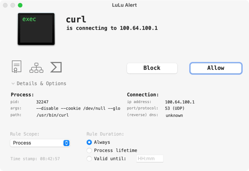 LuLu software firewall alert.