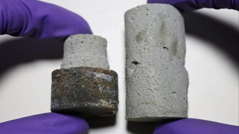 Machined and non-machined lunar brick sample held side by side.