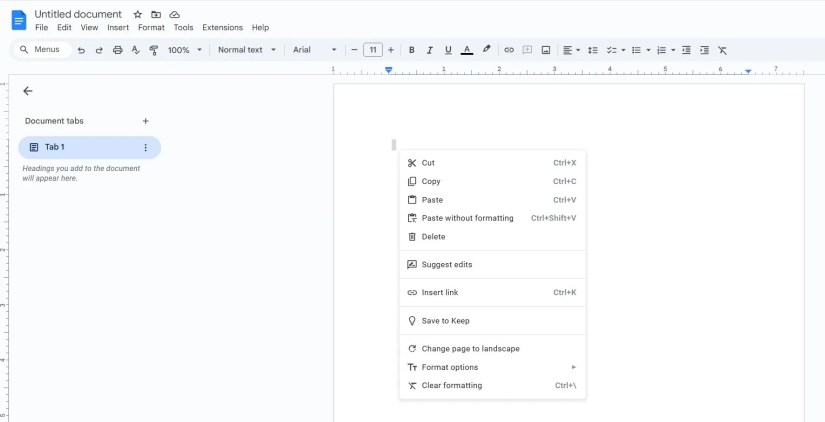 The right-click menu in Google Docs.