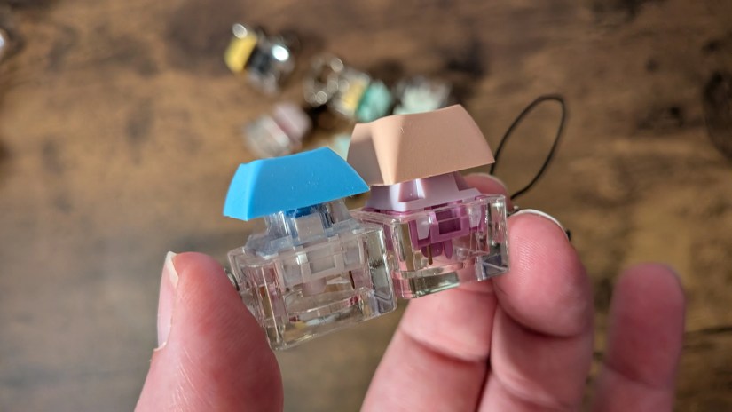 Close-up of two keyboard switch keychains, with different switches in them.