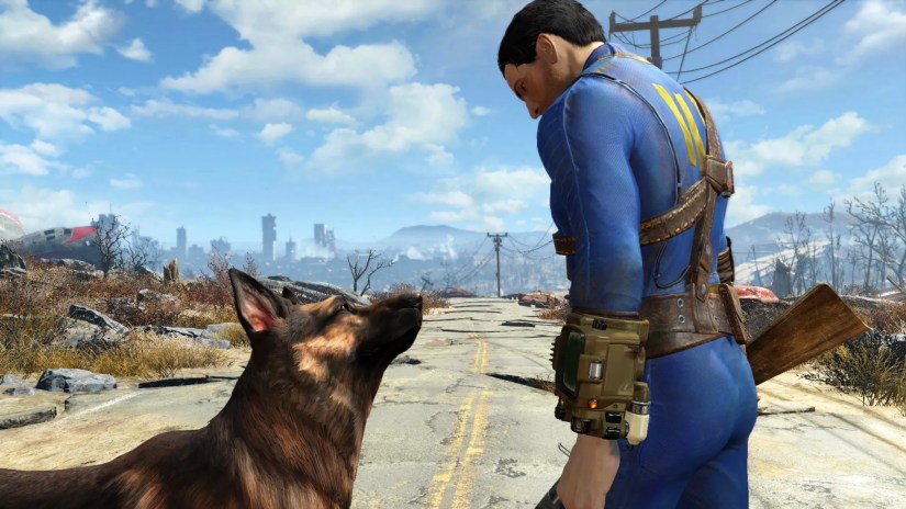 Nate looking down at Dogmeat on a road in Fallout 4.