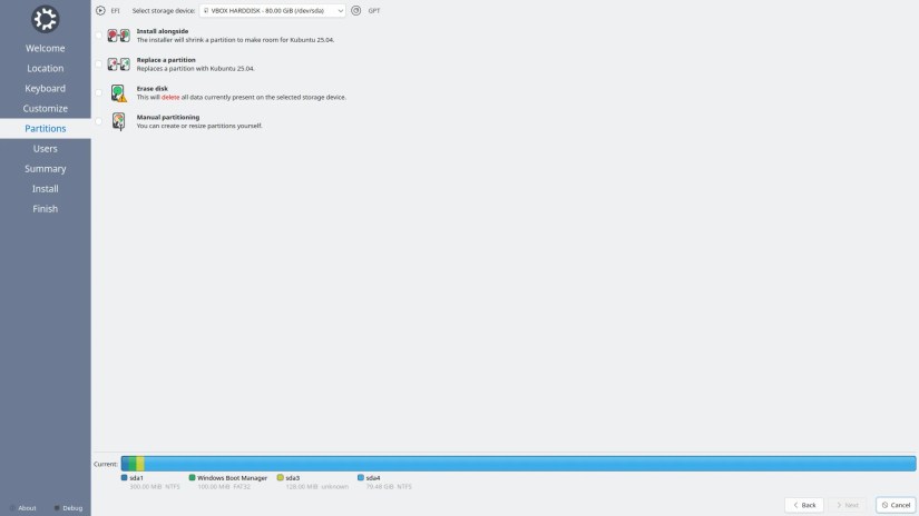 No option selected to handle partitions.