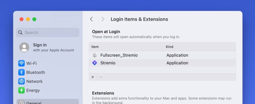 Open at login items on macOS.