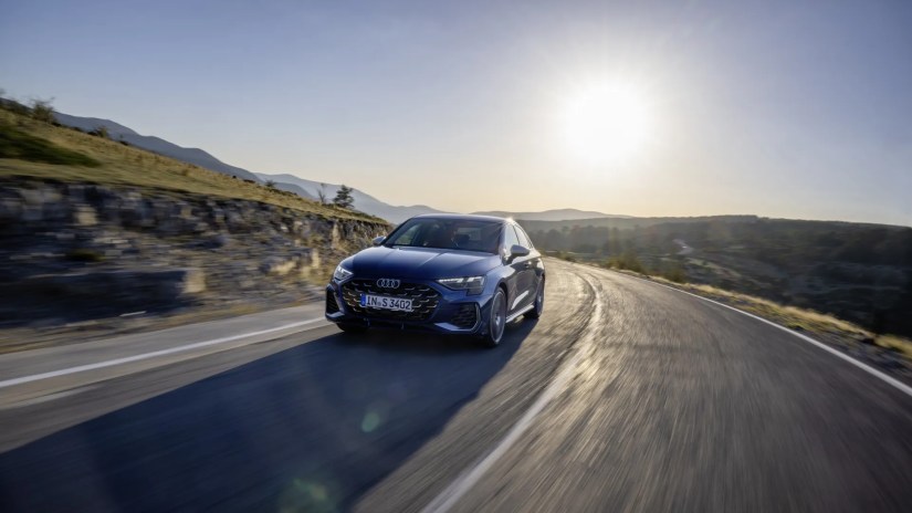 Front 3/4 action shot of a 2025 Audi S3