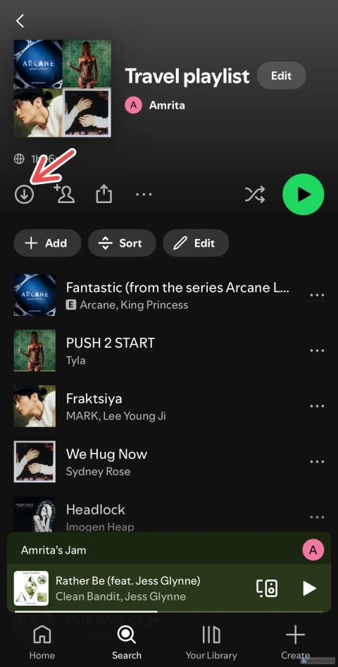 Downloading a playlist offline on Spotify.