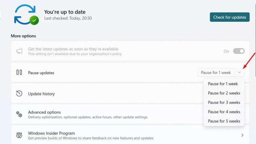 Pause Updates drop down menu in the Settings app.