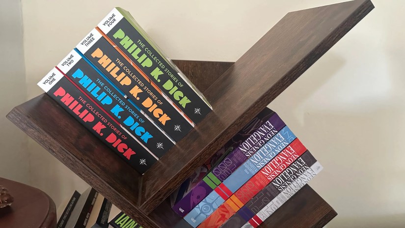 Philip K Dick books on a bookshelf.