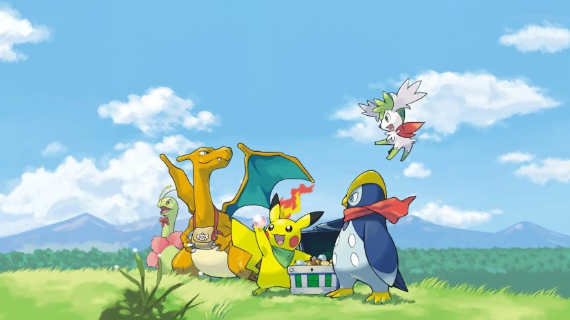 Pikachu, Charizard, and other Pokémon in Mystery Dungeon-themed attire.