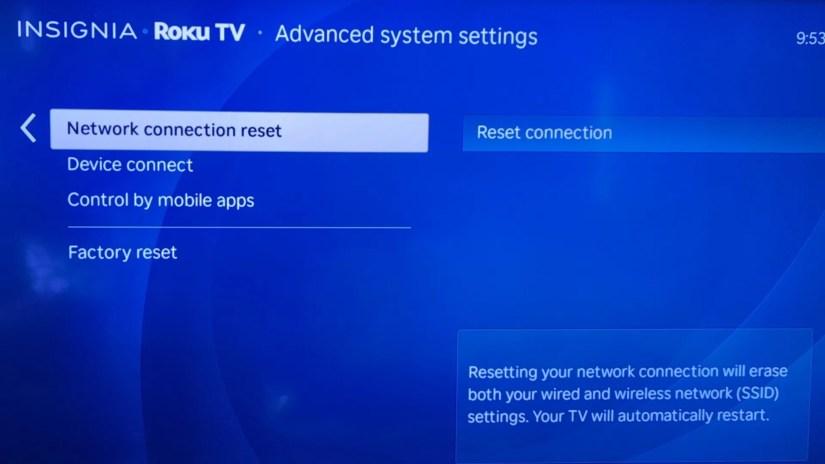 Roku TV advanced system settings with the Network Connection Reset option highlighted.