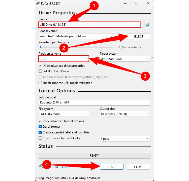 The settings on Rufus to create a bootable Linux ISO.