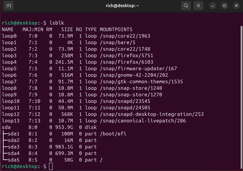 Screenshot of a Ubuntu terminal displaying the output of the lsblk command, shwing sda disk partitions.