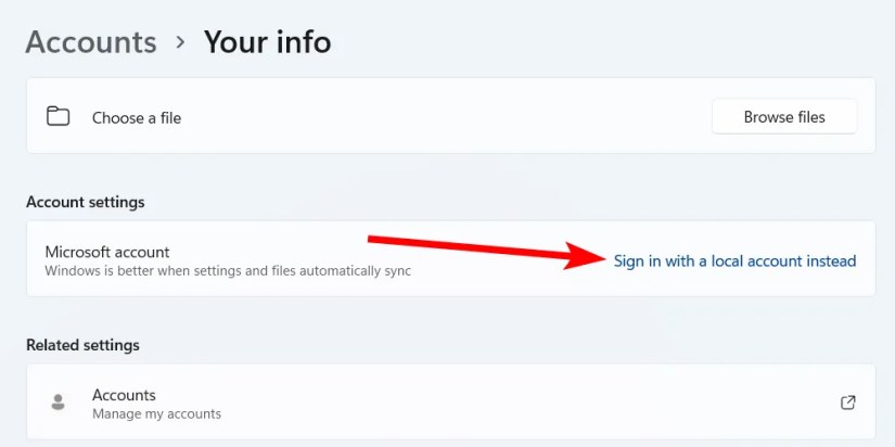 Signing in with a local account on Windows 11.