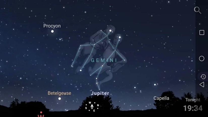 A screenshot of the Gemini constellation in the Stellarium app.