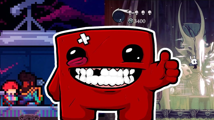 Super Meat Boy in between a Hollow Knight player shooting a magic missile and a Celeste player speaking to a male NPC.