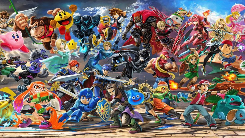 A section of the banner showing many of the playable characters in Super Smash Bros. Ultimate.