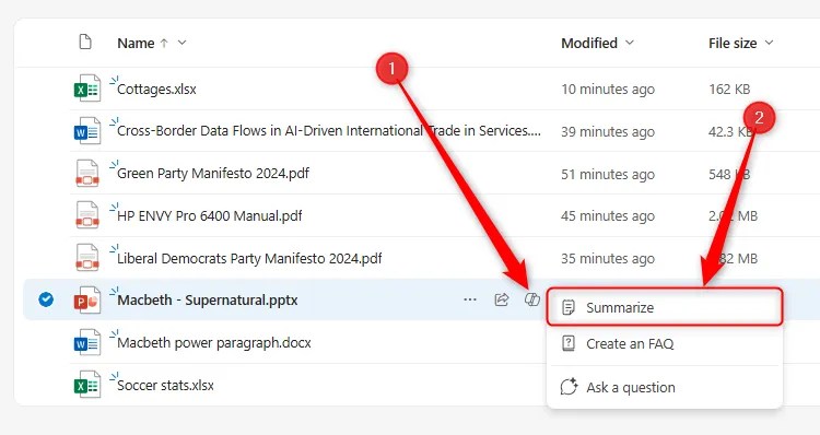 The Copilot icon next to a PPT file in OneDrive online is selected, and the Summarize button is highlighted.