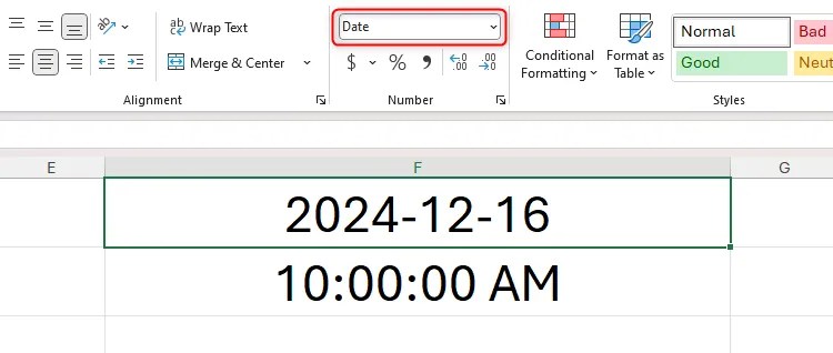 The Date number format is applied to cell F1 in Microsoft Excel.