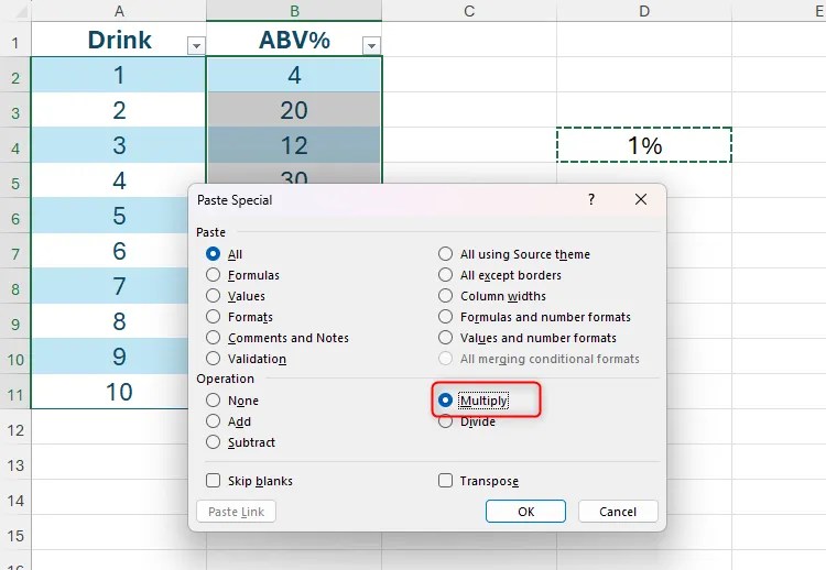 The Multiply option is selected in Excel&rsquo;s Paste Special dialog box