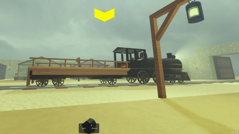 The player holding coal and looking at their train in Roblox Dead Rails.