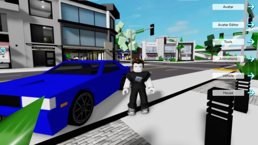 The player standing next to a car on the street in Brookehaven.