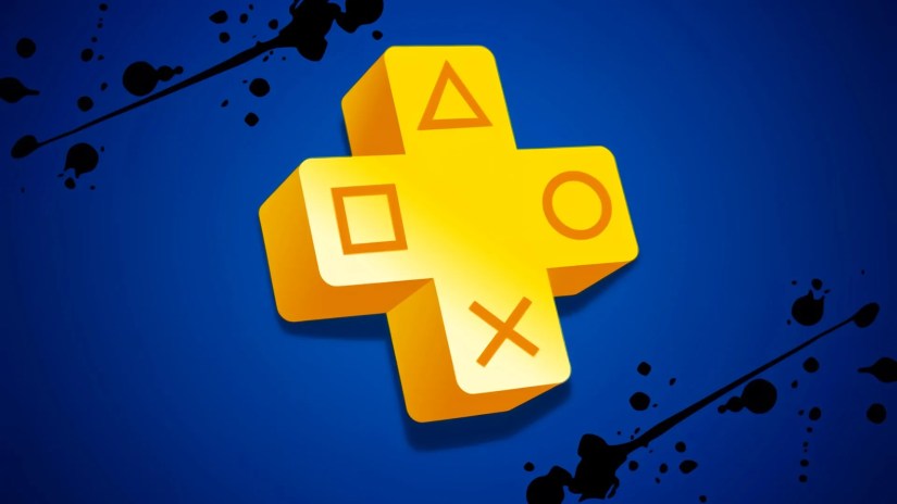 The PlayStation Plus logo on a blue background with splotches around it.