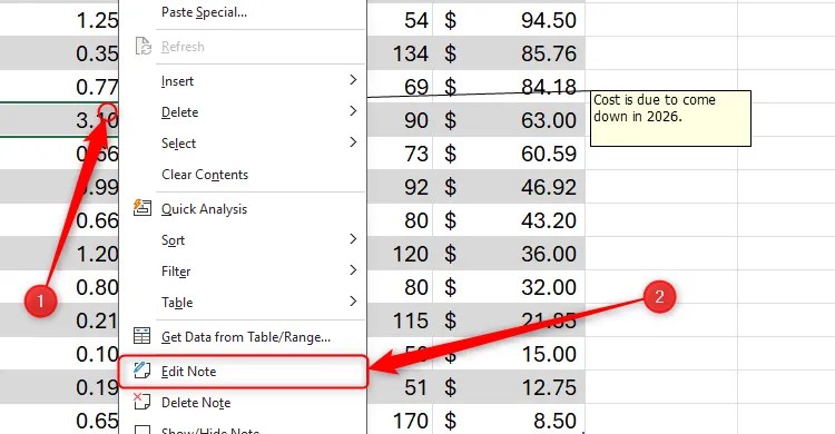 The right-click menu is activated on a cell in Excel, and Edit Note is selected.