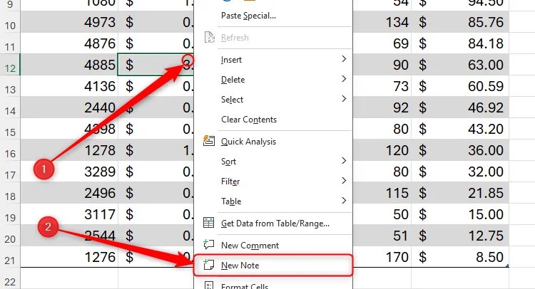The right-click menu is activated on a cell in Excel, and New Note is selected.